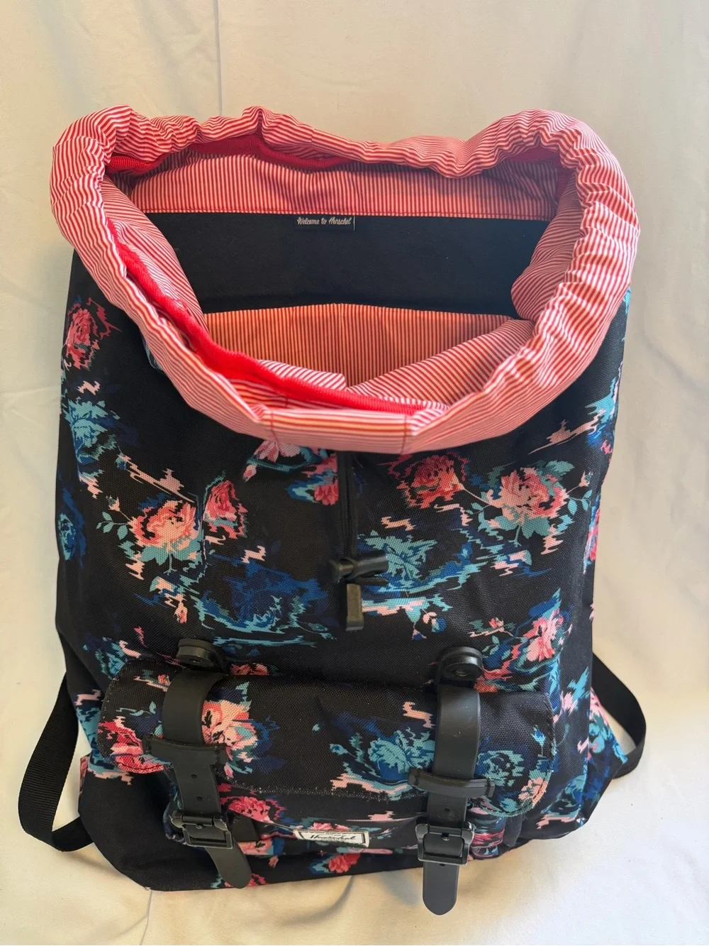 Herschel Supply Company Black Floral Canvas Backpack with Pink & Blue Accents